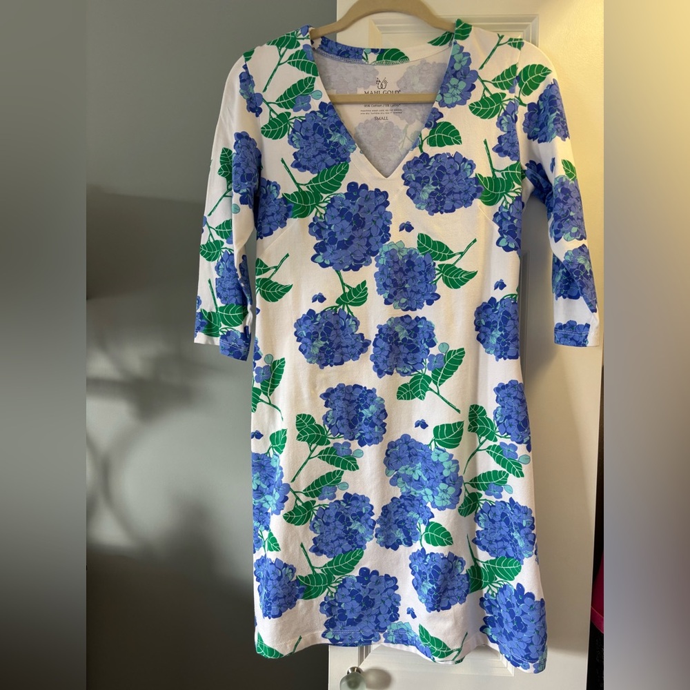MAHI GOLD Blue and Green Hydrangea Floral 3/4 Sleeve Dress